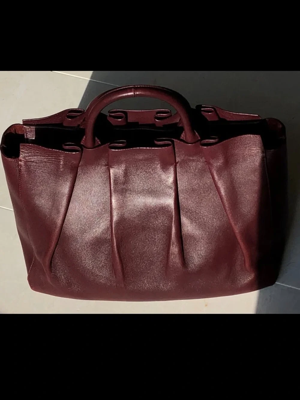 The Row Burgundy Pleated Leather Crossbody Tote